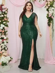 Vestido formal con abertura lateral con lentejuelas y diseño extra, elegante vestido de noche para graduación, cena y boda - Verde - Ver 4