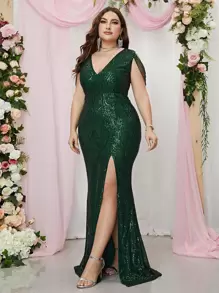 Vestido formal con abertura lateral con lentejuelas y diseño extra, elegante vestido de noche para graduación, cena y boda - Verde - Ver 6