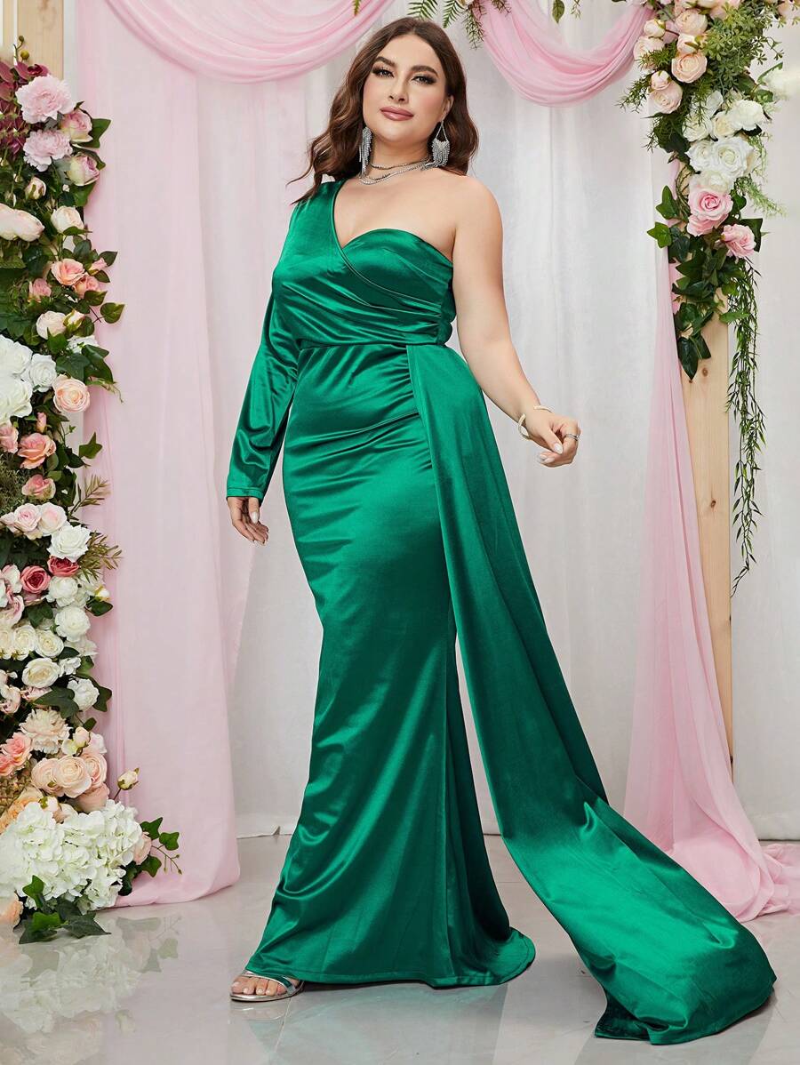 Plus One Shoulder Draped Side Satin Formal Dress - Green - View 1