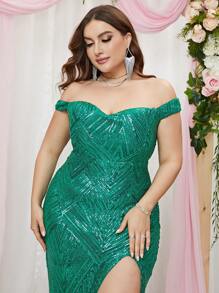 Đầm Plus Size ghép mộng kim sa Dây kéo Tách cao màu trơn Buổi tiệc - màu xanh lá - Xem 3