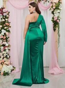 Plus One Shoulder Draped Side Satin Formal Dress - Green - View 2