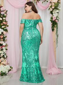 大碼一字肩高衩亮片正式連衣裙 - 綠色 - 查看 2