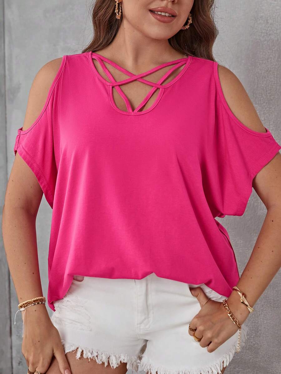 SHEIN LUNE 大碼交叉挖肩蝙蝠袖T恤 - 玫紅色 - 查看 1