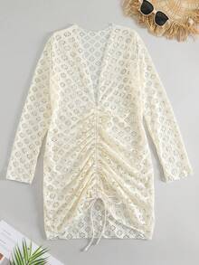 SHEIN Swim 夏季抽绳前罩衫 - 米色 - 查看 3