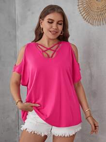 SHEIN LUNE 大碼交叉挖肩蝙蝠袖T恤 - 玫紅色 - 查看 6