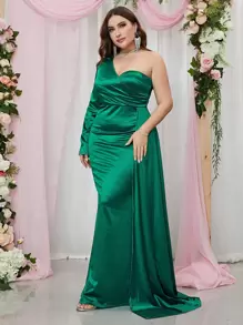 Plus One Shoulder Draped Side Satin Formal Dress - Green - View 3