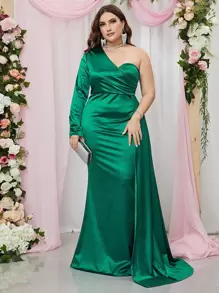 Plus One Shoulder Draped Side Satin Formal Dress - Green - View 5