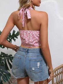 SHEIN VCAY Áo khoác và áo lót dành cho xe tăng nữ Lộ Lưng Xù Buộc lại Họa tiết hoa Boho - Nhiều màu - Xem 2