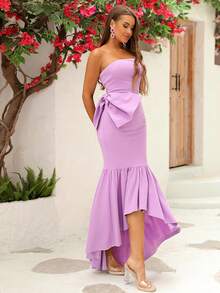 LOVE&LEMONADE 素色荷葉邊後拉鏈抹胸連衣裙 - 紫丁香色 - 查看 6