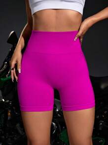 Yoga Futuristic Hollow Out Wideband Waist Sports Shorts - Hot Pink - View 2