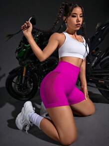 Yoga Futuristic Hollow Out Wideband Waist Sports Shorts - Hot Pink - View 3