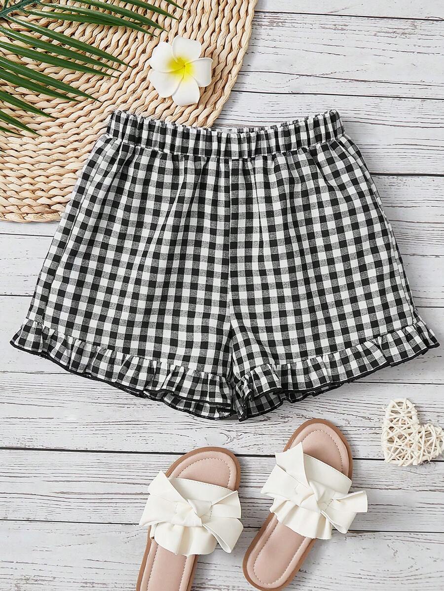 SHEIN Quần short bé gái Viên lá sen Kẻ sọc Giải trí - Đen và trắng - Xem 1