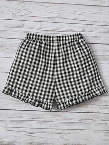 SHEIN Quần short bé gái Viên lá sen Kẻ sọc Giải trí - Đen và trắng - Xem 2