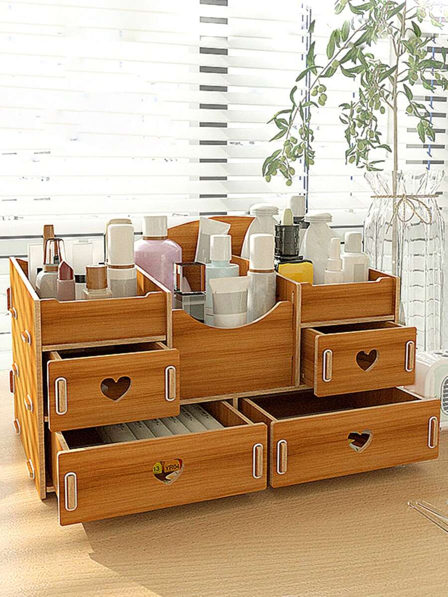Wooden Makeup Organizer Desktop Storage For Vanity Multifunctional Makeup Box Tabletop Makeup Storage with Drawer Makeup Holder Display Cases for Cosmetic, Jewelry - Yellow - View 1