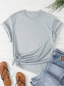 SHEIN LUNE Plus Solid Round Neck Tee - Light Grey - View 1