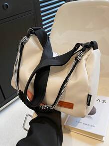 Medium Hobo Bag Letter Patch Decor - White - View 1