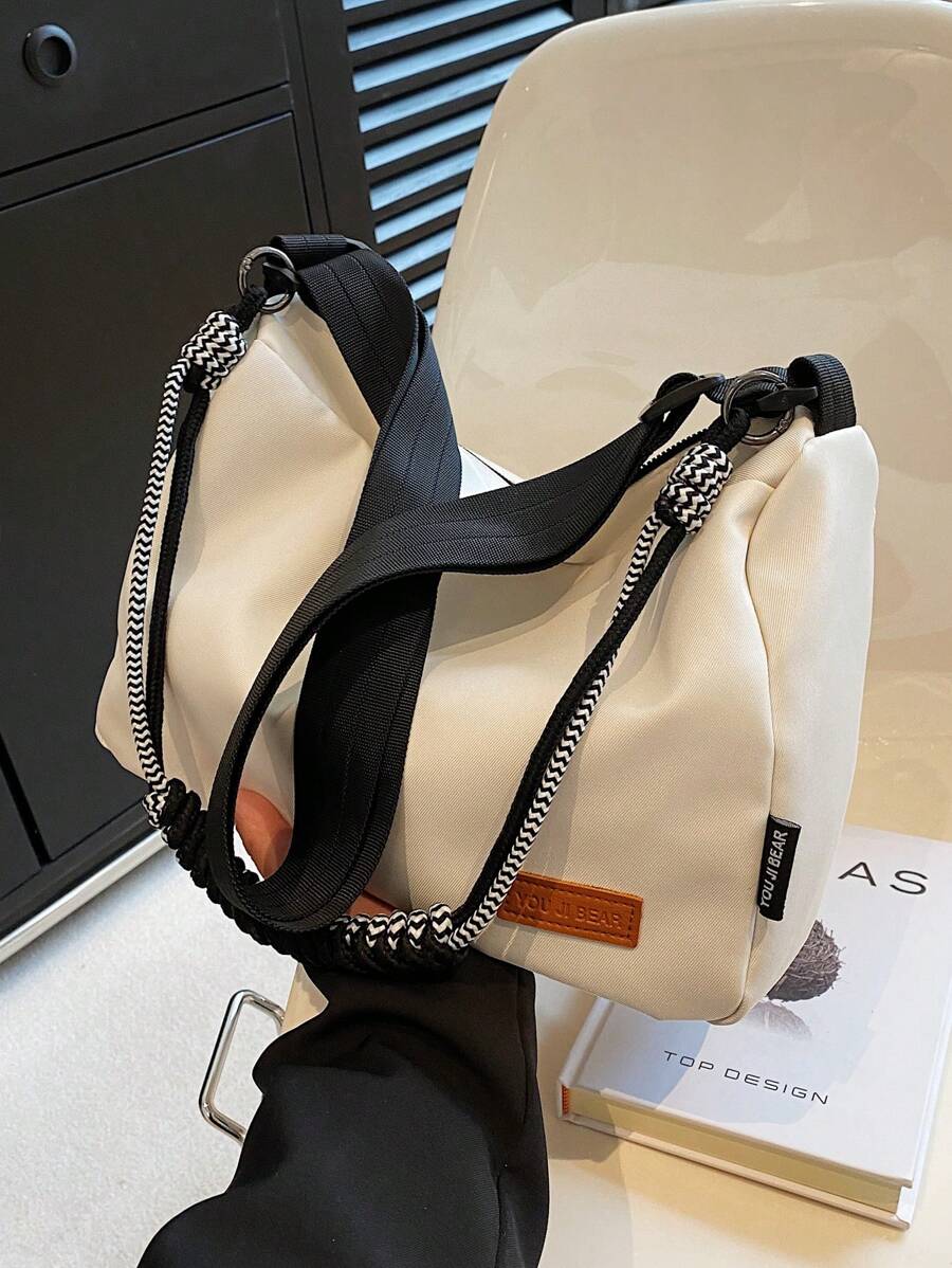 Medium Hobo Bag Letter Patch Decor - White - View 1