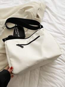 Medium Hobo Bag Letter Patch Decor - White - View 2