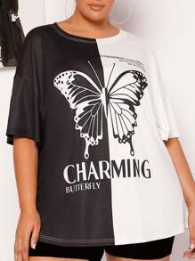 SHEIN CURVE+ Plus Butterfly & Slogan Graphic Two Tone Drop Shoulder Tee - Black and White - View 4