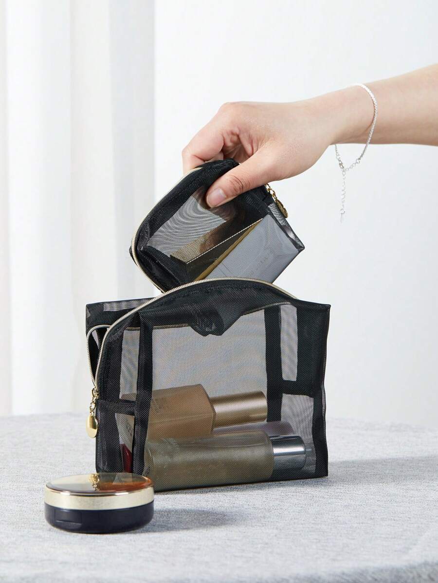 2 Cái Lưới Đen Lớn Trung Tính Phong Cách Châu Âu Phong Cách Nhật Bản Bắc Âu Tối Giản Hiện Đại Thanh Lịch Hàng Ngày Túi Trang Điểm Vanity Cổ Điển Túi Trang Điểm Du Lịch Túi Mỹ Phẩm Cho Phụ Nữ Và Bé Gái - màu đen - Xem 1