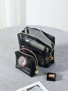 2 Cái Lưới Đen Lớn Trung Tính Phong Cách Châu Âu Phong Cách Nhật Bản Bắc Âu Tối Giản Hiện Đại Thanh Lịch Hàng Ngày Túi Trang Điểm Vanity Cổ Điển Túi Trang Điểm Du Lịch Túi Mỹ Phẩm Cho Phụ Nữ Và Bé Gái - màu đen - Xem 2