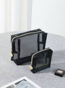 2 Cái Lưới Đen Lớn Trung Tính Phong Cách Châu Âu Phong Cách Nhật Bản Bắc Âu Tối Giản Hiện Đại Thanh Lịch Hàng Ngày Túi Trang Điểm Vanity Cổ Điển Túi Trang Điểm Du Lịch Túi Mỹ Phẩm Cho Phụ Nữ Và Bé Gái - màu đen - Xem 5