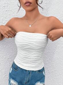 SHEIN PETITE 素色抹胸上衣 - 白色 - 查看 4