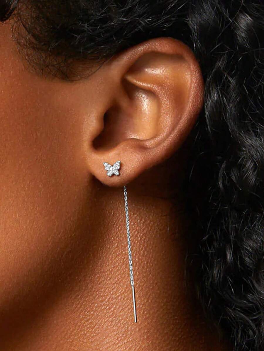 1對時尚立體鑲嵌鋯石蝴蝶、流蘇和鑽石925純銀耳針，適合女性日常佩戴或度假配搭