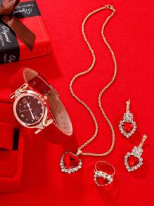 FahTeeKay 1pc Rhinestone Decor Round Pointer Quartz Watch & 4pcs Jewelry Set - Red - View 5