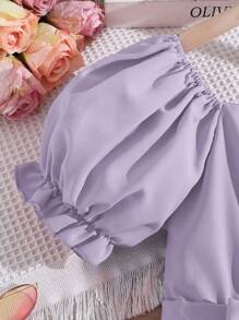 SHEIN Tween Girl Puff Sleeve Ruffle Hem Belted Dress