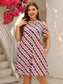 Plus Striped & Star Print Hidden Pocket Cold Shoulder Dress - Multicolor - View 1