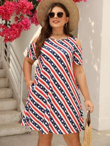 Plus Striped & Star Print Hidden Pocket Cold Shoulder Dress - Multicolor - View 3
