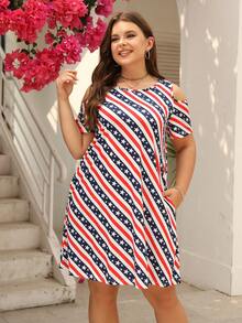 Plus Striped & Star Print Hidden Pocket Cold Shoulder Dress - Multicolor - View 4