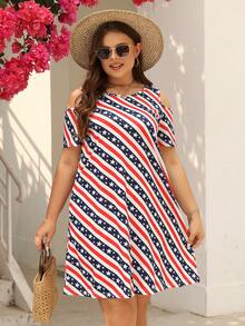 Plus Striped & Star Print Hidden Pocket Cold Shoulder Dress - Multicolor - View 6