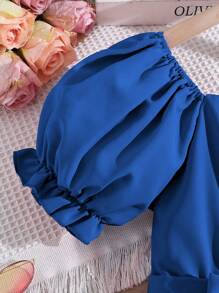 SHEIN Đầm Gái Thắt lưng viền lá sen Viên lá sen màu trơn Dễ thương - Xanh đậm - Xem 4