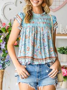 CILKOO Áo sơ mi nữ viền lá sen Xù Hoa Boho - Nhiều màu - Xem 7