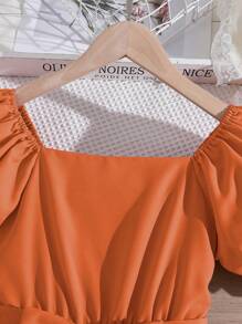 SHEIN Girls Puff Sleeve Ruffle Hem Belted Dress - Orange - View 4