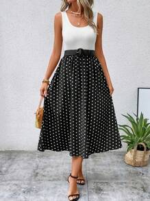 SHEIN LUNE 波點圖案撞色連衣裙不附腰帶 - 黑與白 - 查看 1