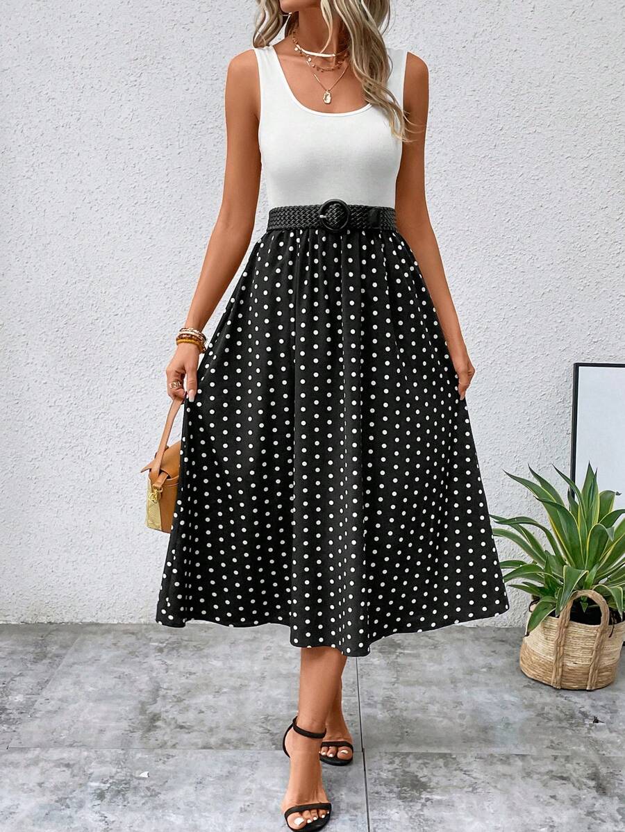 SHEIN LUNE 波點圖案撞色連衣裙不附腰帶 - 黑與白 - 查看 1