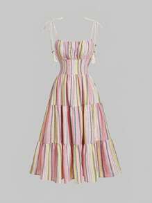 SHEIN MOD Vestido de tirantes de rayas pecho con fruncido bajo con fruncido - Multicolor - Ver 1