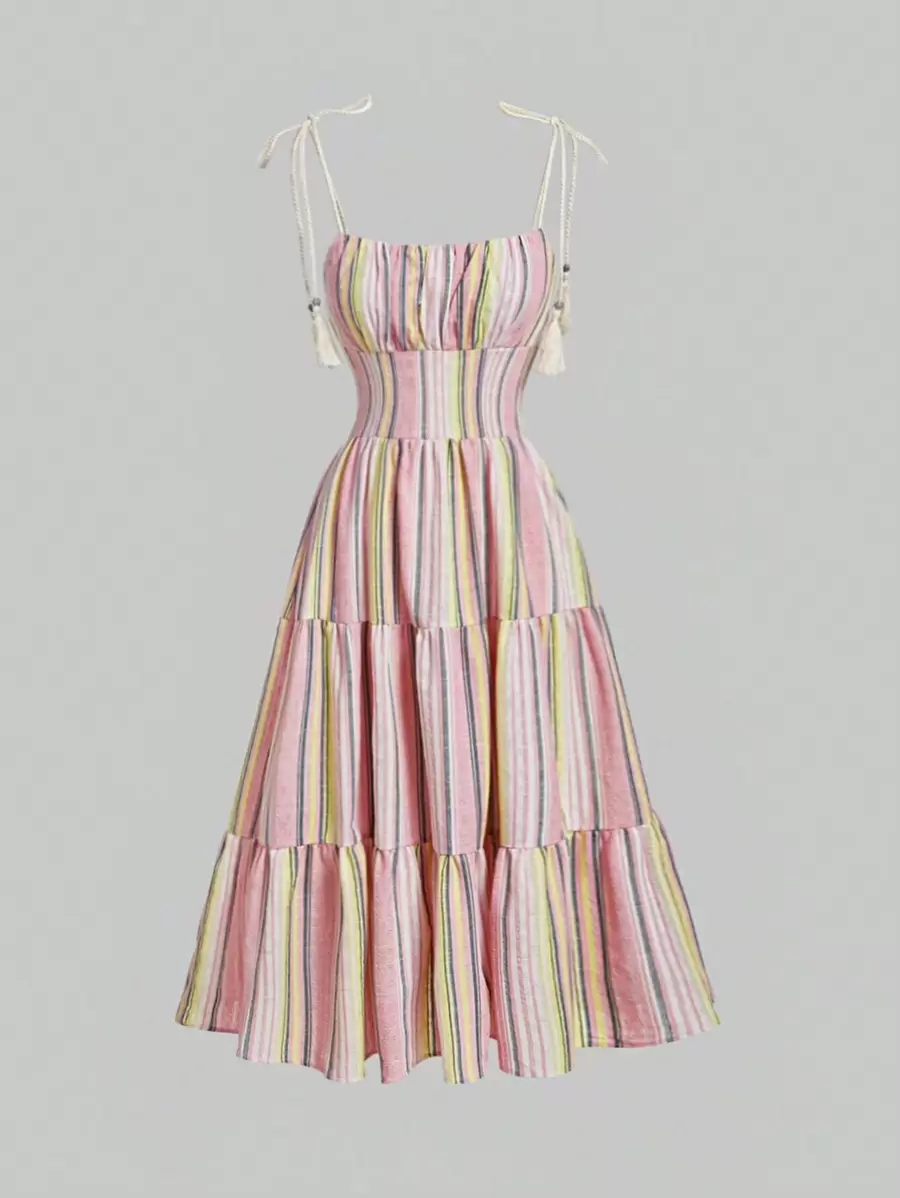 SHEIN MOD Vestido de tirantes de rayas pecho con fruncido bajo con fruncido - Multicolor - Ver 1