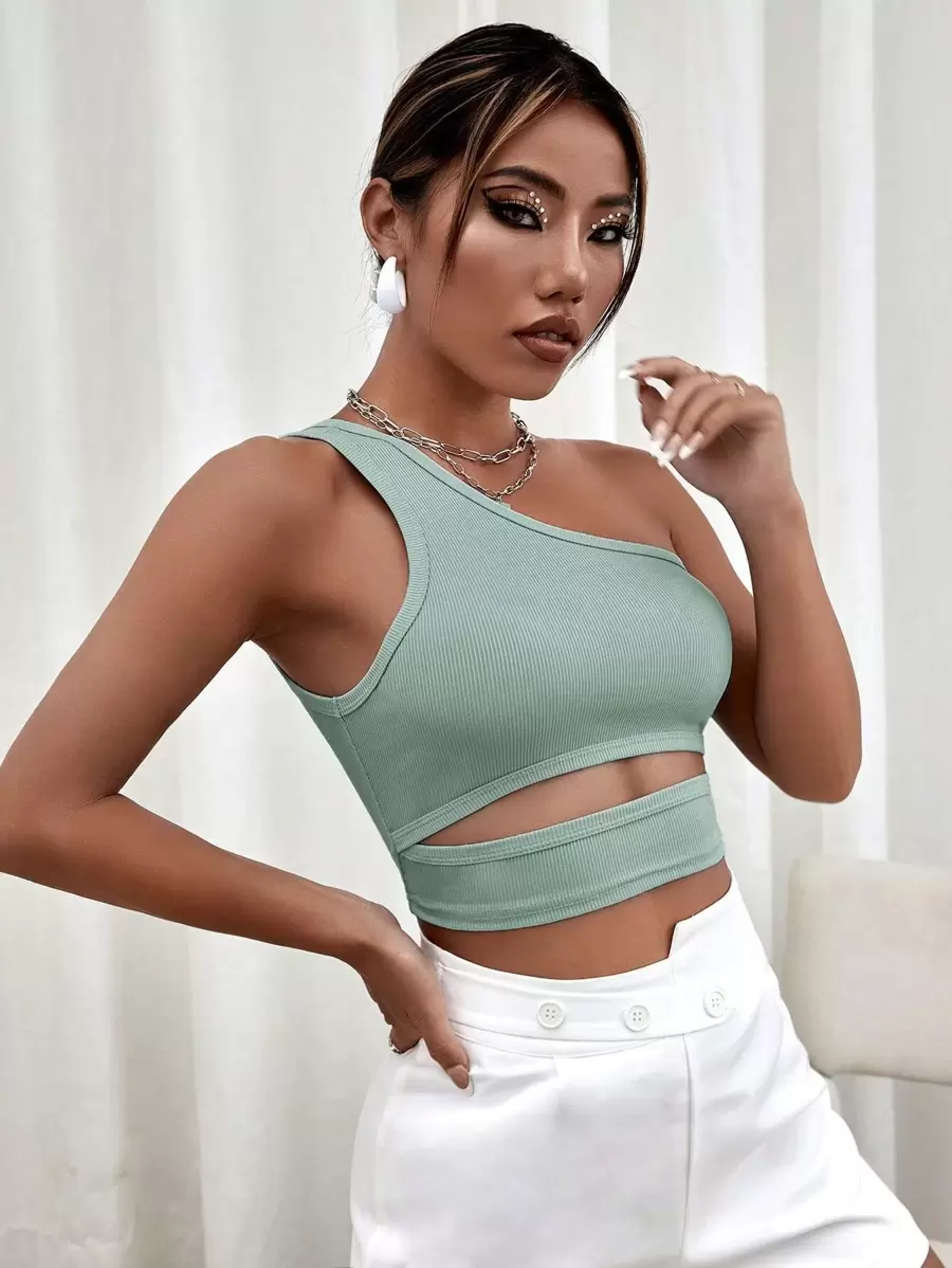 SHEIN Privé Top corto de un hombro con abertura - Verde - Ver 1