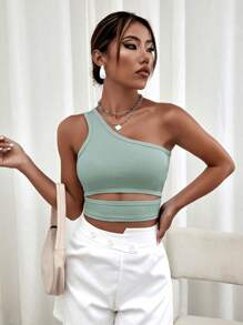 SHEIN Privé Top corto de un hombro con abertura - Verde - Ver 4
