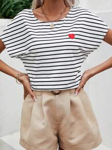 SHEIN Frenchy Áo thun nữ Đắp vá Sọc Tim Giải trí - Đen và trắng - Xem 4