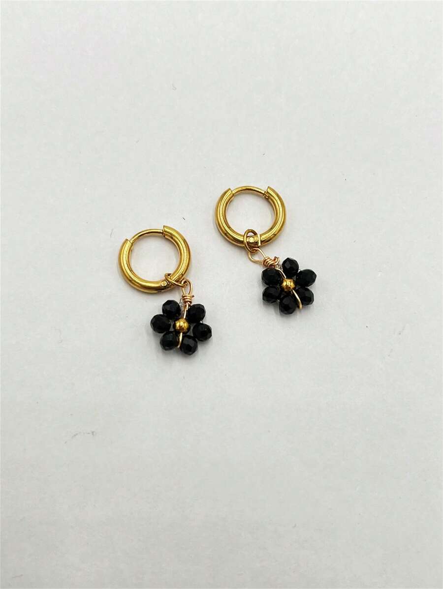 不鏽鋼花卉耳環DIY套件1對，適合女性在春夏季節佩戴 - 黑色 - 查看 1