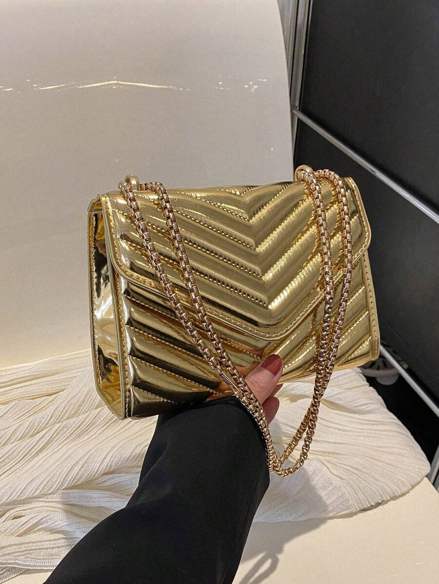 迷你翻蓋方包絎縫圖案金屬質感前衛 - 金色 - 查看 1