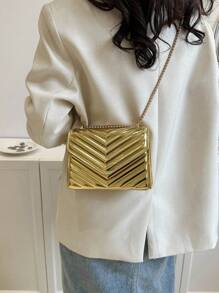 迷你翻蓋方包絎縫圖案金屬質感前衛 - 金色 - 查看 2