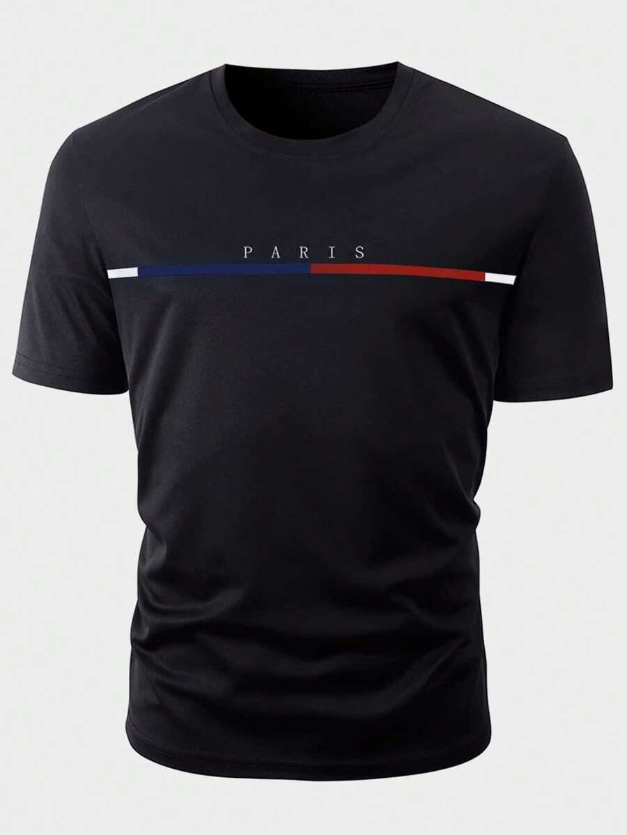 Manfinity Homme Camiseta de manga corta casual con gráfico de letras para hombre, regalo para el novio - Negro - Ver 1