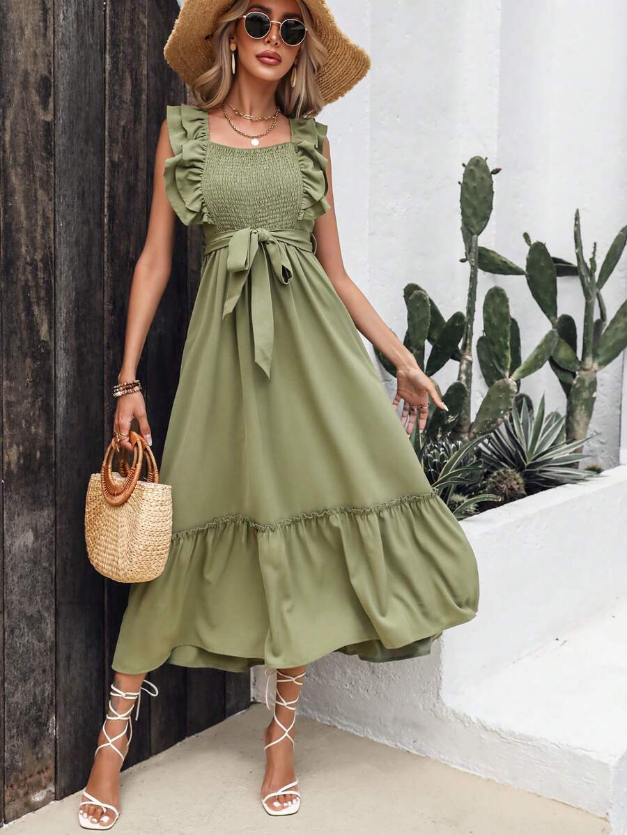 SHEIN VCAY Vestido con cinturón unicolor con diseño fruncido ribete con fruncido - Verde militar - Ver 1