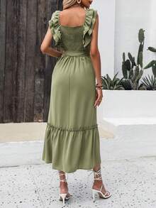 SHEIN VCAY Vestido con cinturón unicolor con diseño fruncido ribete con fruncido - Verde militar - Ver 2